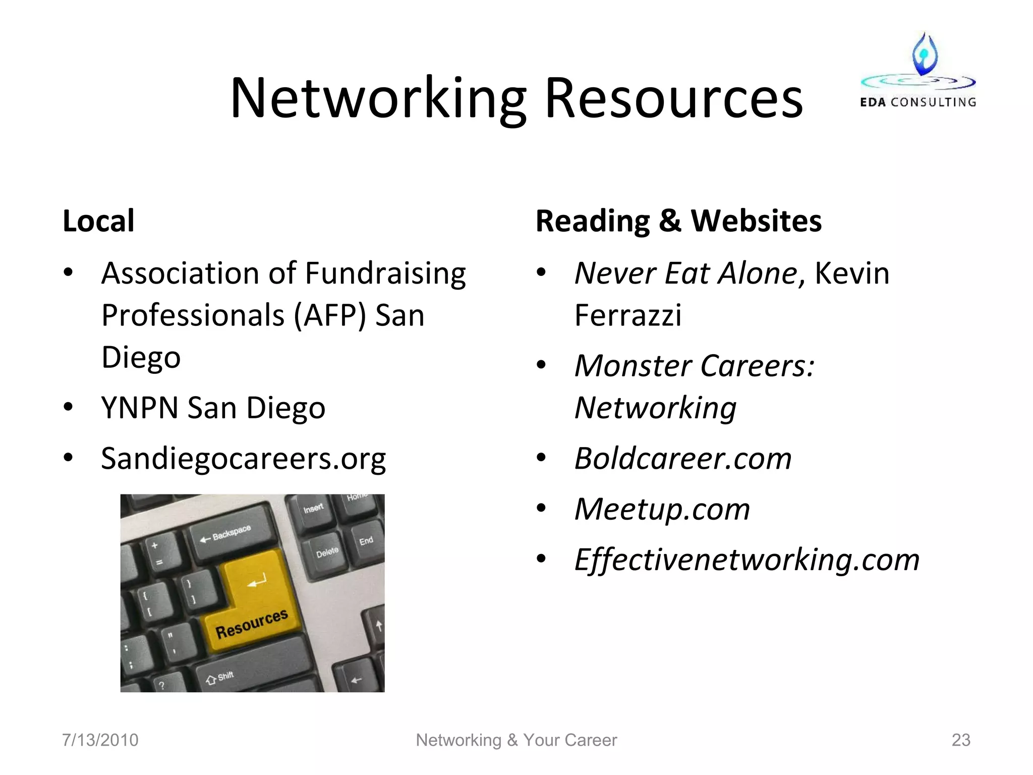 Networking Resources Local Association of Fundraising Professionals (AFP) San Diego YNPN San Diego  Sandiegocareers.org Reading & Websites Never Eat Alone , Kevin Ferrazzi Monster Careers: Networking Boldcareer.com Meetup.com Effectivenetworking.com 7/13/2010 Networking & Your Career 