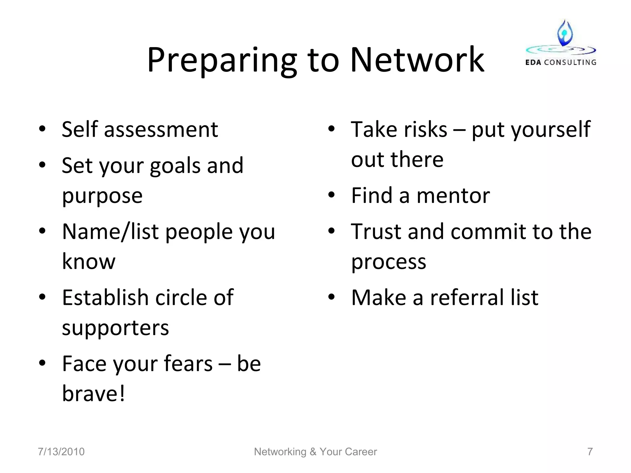 Preparing to Network Self assessment Set your goals and purpose Name/list people you know Establish circle of supporters Face your fears – be brave! Take risks – put yourself out there Find a mentor Trust and commit to the process Make a referral list 7/13/2010 Networking & Your Career 