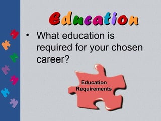 Education
• What education is
  required for your chosen
  career?

            Education
           Requirements
 