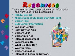 Resources
These Internet sites can provide career information
  and were used in this presentation.
• Ready, Set, Go
• Middle School Students Start Off Right
• Career Test
• BLS Career Information
• Job Star Central
• First Gov for Kids
• Careers 2001
• Career Info Net
• interest assessment
• Jobs People Do
• What Do They Do?
• Wow Careers!
• Career Education
• Interactive Learning Network
 