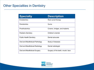 Other Specialties in Dentistry
Specialty Description
Endodontics Root canal therapy
Periodontics Gums
Prosthodontics Crowns, bridges, and implants
Pediatric Dentistry Children’s dentist
Public Health Dentistry Dental advocate
Oral and Maxillofacial Pathology Study of diseases
Oral and Maxillofacial Radiology Dental radiologist
Oral and Maxillofacial Surgery Surgery of the teeth, mouth, face
 