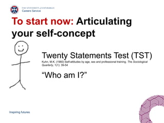 Inspiring futures
To start now: Articulating
your self-concept
Twenty Statements Test (TST)
Kuhn, M.K. (1960) Self-attitudes by age, sex and professional training. The Sociological
Quarterly, 1(1): 39-54
“Who am I?”
 