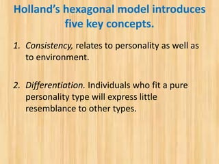 Holland’s hexagonal model introduces
five key concepts.
1. Consistency, relates to personality as well as
to environment.
2. Differentiation. Individuals who fit a pure
personality type will express little
resemblance to other types.
 