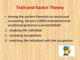 Trait-and-Factor Theory
• Among the earliest theorists on vocational
counseling, Parsons (1909) maintained that
vocational guidance is accomplished:
1. studying the individual
2. surveying occupations
3. matching the individual with the occupation
 