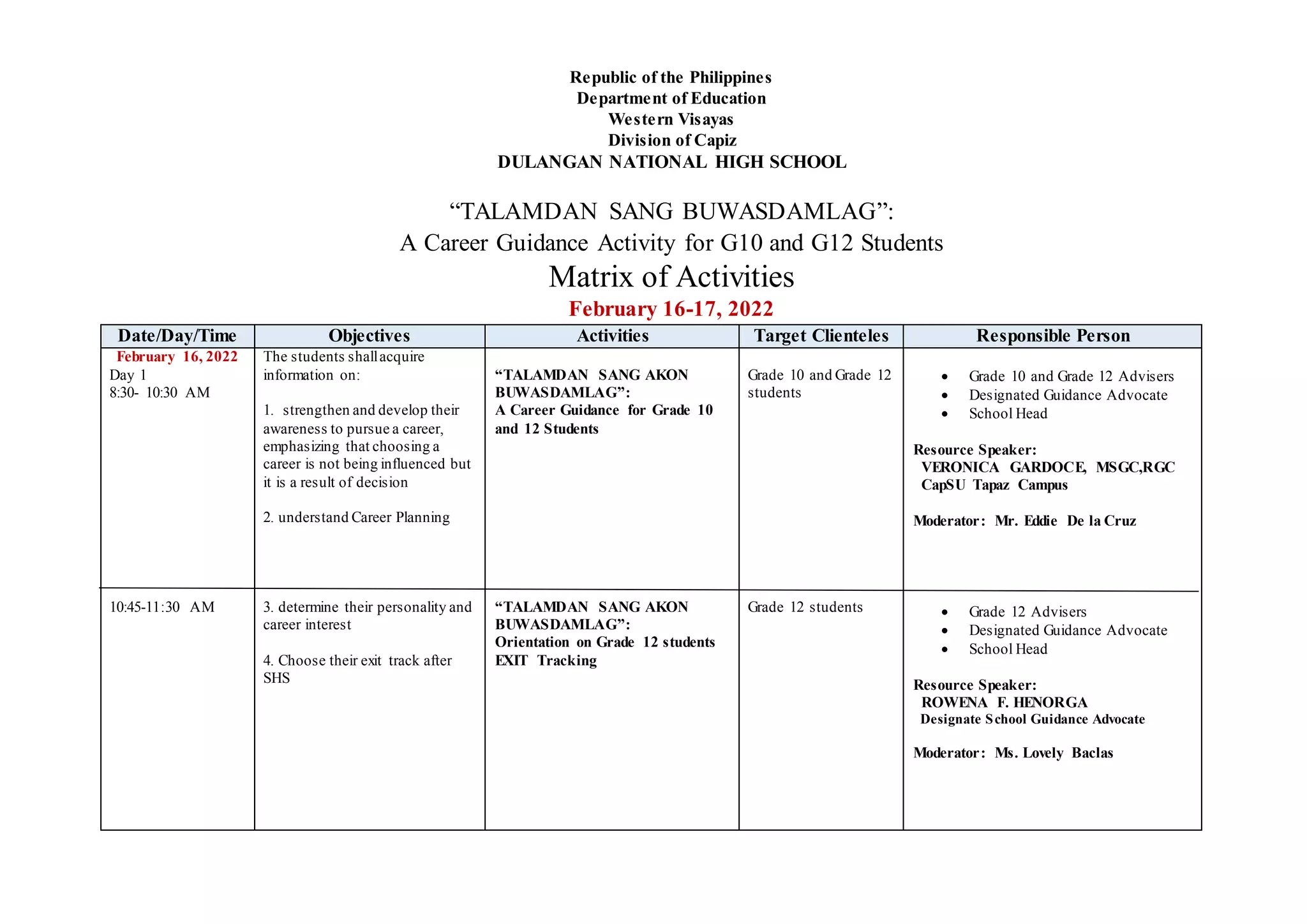 Republic of the Philippines
Department of Education
Western Visayas
Division of Capiz
DULANGAN NATIONAL HIGH SCHOOL
“TALAMDAN SANG BUWASDAMLAG”:
A Career Guidance Activity for G10 and G12 Students
Matrix of Activities
February 16-17, 2022
Date/Day/Time Objectives Activities Target Clienteles Responsible Person
February 16, 2022
Day 1
8:30- 10:30 AM
10:45-11:30 AM
The students shallacquire
information on:
1. strengthen and develop their
awareness to pursue a career,
emphasizing that choosing a
career is not being influenced but
it is a result of decision
2. understand Career Planning
3. determine their personality and
career interest
4. Choose their exit track after
SHS
“TALAMDAN SANG AKON
BUWASDAMLAG”:
A Career Guidance for Grade 10
and 12 Students
“TALAMDAN SANG AKON
BUWASDAMLAG”:
Orientation on Grade 12 students
EXIT Tracking
Grade 10 and Grade 12
students
Grade 12 students
 Grade 10 and Grade 12 Advisers
 Designated Guidance Advocate
 School Head
Resource Speaker:
VERONICA GARDOCE, MSGC,RGC
CapSU Tapaz Campus
Moderator: Mr. Eddie De la Cruz
 Grade 12 Advisers
 Designated Guidance Advocate
 School Head
Resource Speaker:
ROWENA F. HENORGA
Designate School Guidance Advocate
Moderator: Ms. Lovely Baclas
 