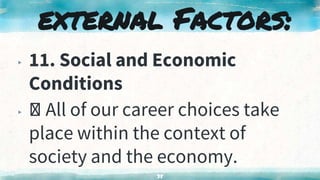▸ 11. Social and Economic
Conditions
▸ All of our career choices take
place within the context of
society and the economy.
38
external Factors:
 