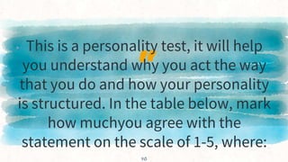 “
▸ This is a personality test, it will help
you understand why you act the way
that you do and how your personality
is structured. In the table below, mark
how muchyou agree with the
statement on the scale of 1-5, where:
40
 