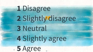 “
▸ 1 Disagree
▸ 2 Slightly disagree
▸ 3 Neutral
▸ 4 Slightly agree
▸ 5 Agree 41
 