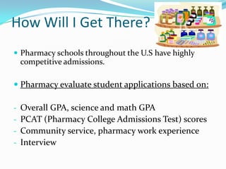 How Will I Get There?Pharmacy schools throughout the U.S have highly competitive admissions. Pharmacy evaluate student applications based on:Overall GPA, science and math GPA