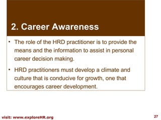 The role of the HRD practitioner is to provide the means and the information to assist in personal career decision making.  HRD practitioners must develop a climate and culture that is conducive for growth, one that encourages career development.  2. Career Awareness 