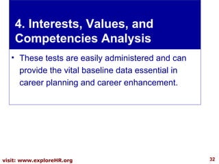 4. Interests, Values, and Competencies Analysis These tests are easily administered and can provide the vital baseline data essential in career planning and career enhancement. 