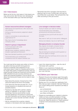 100 Career planning and job-seeking workbook
To find out more, visit our website at www.open.ac.uk/careers
4.6.1 Interviewers
Below we list the four main types of interviewers you
may come across. Don’t let your own stereotyping
of the interviewer affect your interview technique.
Remember that when managers interview they’re
playing a role to a set of social rules, and may not
be entirely their usual selves. Their perspectives may
differ according to their job function:
Human resource/recruitment managers
Well-trained and experienced, often astute and
very sensitive
Acting as internal screener, judgement valued
by others 	 	
Likely to concentrate on personality and
organisational ‘fit’
May have a fund of knowledge about
company culture	
Head of a group or department
A technical expert with wider
managerial experience
Will talk shop, problems, solutions, within a
broader organisational framework
May have standard questions, pick bits from CV
Concerned about your professional
competence and the rapport between you
Line manager or decision-maker
Trying to assess your style of working
Concerned about your motivation,
achievements and personal ambition
Considering how you’ll fit with the rest of
the team
May have to ‘sell’ you to more senior colleagues
Serious but relaxed, may try to ‘sell’ the job
Managing director or company founder
May digress into lengthy company history
Concerned about cultural fit; may look for
shared vision
May be looking for someone who’ll question or
act as an agent of change
Will seek views from all those who’ve come into
contact with you
You could read all the books ever written on how to
do well at interview and still not be good at it.
Practice is essential. Even experience as an
interviewer doesn’t make for a flawless performance,
for insight often leads to heightened anxiety. How you
project yourself through your social and communication
skills will determine your success whenever you
speak with potential employers. Find out all you can
about interviewing techniques and be ready to cope
with them:
•	 Read about the process. Consult some of the
resources listed at the end of this booklet.
•	 Think about the interview and plan for it. Try to
foresee questions or situations and work out
possible answers.
•	 Practise by role-play with a partner, careers
adviser or colleague, or use audio or video
recordings. How you sound will be crucial.
Practise speaking on the phone to a friend and
ask what impression you’re making. Practise some
answers into a voice recorder and listen critically
to yourself.
•	 Ask for comments from a partner, network
contacts or interviewers who have rejected you.
•	 Learn from observing others – take the role of
interviewer with a partner.
•	 Reflect on your experience. Evaluate your
performance and incorporate the learning into
your next interview.
4.6.2 Before your interview
•	 Research the job and employer again thoroughly
beforehand. If you can, find out something about
the people interviewing you.
•	 Review your CV or re-read your application form.
Why have you been invited for interview? What are
your unique selling points? Questions are likely to
focus on:
	 - your achievements
	 - your motives for applying
	 - your likely contribution.
•	 Prepare by marshalling your material in advance.
Collect as many concrete examples of things
you’ve done that clearly demonstrate your skills
as you can. Read the section on ‘Tough questions’
in Section 4.6.9 and practise some answers
out loud.
 
