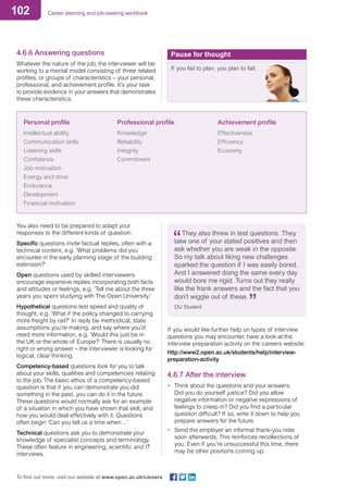 102 Career planning and job-seeking workbook
To find out more, visit our website at www.open.ac.uk/careers
4.6.6 Answering questions
Whatever the nature of the job, the interviewer will be
working to a mental model consisting of three related
profiles, or groups of characteristics – your personal,
professional, and achievement profile. It’s your task
to provide evidence in your answers that demonstrates
these characteristics.
Personal profile	 Professional profile	 Achievement profile
Intellectual ability	 Knowledge	 Effectiveness
Communication skills	 Reliability	Efficiency
Listening skills	 Integrity	Economy
Confidence	 Commitment	
Job motivation	 	
Energy and drive	 	
Endurance	 	
Development	 	
Financial motivation
You also need to be prepared to adapt your
responses to the different kinds of question:
Specific questions invite factual replies, often with a
technical content, e.g. ‘What problems did you
encounter in the early planning stage of the building
extension?’
Open questions used by skilled interviewers
encourage expansive replies incorporating both facts
and attitudes or feelings, e.g. ‘Tell me about the three
years you spent studying with The Open University.’
Hypothetical questions test speed and quality of
thought, e.g. ‘What if the policy changed to carrying
more freight by rail?’ In reply be methodical, state
assumptions you’re making, and say where you’d
need more information, e.g. ‘Would this just be in
the UK or the whole of Europe?’ There is usually no
right or wrong answer – the interviewer is looking for
logical, clear thinking.
Competency-based questions look for you to talk
about your skills, qualities and competencies relating
to the job. The basic ethos of a competency-based
question is that if you can demonstrate you did
something in the past, you can do it in the future.
These questions would normally ask for an example
of a situation in which you have shown that skill, and
how you would deal effectively with it. Questions
often begin ‘Can you tell us a time when…’
Technical questions ask you to demonstrate your
knowledge of specialist concepts and terminology.
These often feature in engineering, scientific and IT
interviews.
If you would like further help on types of interview
questions you may encounter, have a look at the
interview preparation activity on the careers website:
http://www2.open.ac.uk/students/help/interview-
preparation-activity
4.6.7 After the interview
•	 Think about the questions and your answers.
Did you do yourself justice? Did you allow
negative information or negative expressions of
feelings to creep in? Did you find a particular
question difficult? If so, write it down to help you
prepare answers for the future.
•	 Send the employer an informal thank-you note
soon afterwards. This reinforces recollections of
you. Even if you’re unsuccessful this time, there
may be other positions coming up.
If you fail to plan, you plan to fail.
Pause for thought
They also threw in test questions. They
take one of your stated positives and then
ask whether you are weak in the opposite.
So my talk about liking new challenges
sparked the question if I was easily bored.
And I answered doing the same every day
would bore me rigid. Turns out they really
like the frank answers and the fact that you
don’t wiggle out of these.
OU Student
 