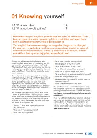 11Knowing yourself
To find out more, visit our website at www.open.ac.uk/careers
01 Knowing yourself
1.1	 What am I like? 					 12
1.2	 What work would suit me? 			 17
Remember that you may have potential that has yet to be developed. Try to
keep an open mind when considering future possibilities, and reject them
only if, after exploring them, there’s good reason to.
You may find that some seemingly unchangeable things can be changed.
For example, re-evaluating your finances, geographical location or range of
commitments may enable you to free up resources to enable you to learn
new skills or take up more enjoyable, less well-paid work.
This section will help you to develop your self-
awareness, take a clear view of your career and life,
and consider the questions ‘What am I like?’ and
‘What can I do?’ It will help you to review your life and
work experience and the skills and qualities that have
grown out of them. This is the first step in the career-
review process.
The section starts by asking you to look back. Your
past has shaped you through your family background,
your education, training, work and leisure activities.
You’ve gained knowledge and skills from your
experiences, and learnt how you cope with and
respond to, different tasks and challenges. This kind
of self-knowledge is the soundest basis for making
decisions about your future.
The activities in this section ask you to think about
a series of questions as a beginning to your career
review. They offer different ways of considering what
you’re like and what you can do. At intervals you’ll
be asked to ‘pause for thought’ and note down your
responses. The questions are:
•	 Who am I? What were my early influences
and decisions?
•	 What are my main achievements?
•	 What roles do I play in life?
•	 What have I learnt in my spare time?
•	 How big a part of my life is work?
•	 What work experience have I had?
•	 What different roles do I take on at work?
•	 What sort of person am I to work with?
•	 What am I good at, as far as work is concerned?
•	 What do I really want from work?
•	 How well does my present (or last) job meet my
wants and needs?
•	 What kind of work would I like to do?
You may like to try out some of the activities from
this section on paper. You can also access career
planning activities online on our careers website at:
http://www2.open.ac.uk/students/help/career-self-
assessment
Here you will find links to lots of different activities
and resources to assist in career planning and job
seeking. Some of these resources and links are
provided by The Open University and some by
external organisations such as Graduate Prospects:
www.prospects.ac.uk
 