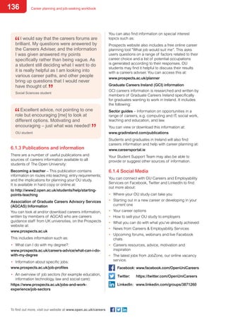 136 Career planning and job-seeking workbook
To find out more, visit our website at www.open.ac.uk/careers
I would say that the careers forums are
brilliant. My questions were answered by
the Careers Adviser, and the information
I was given answered my points
specifically rather than being vague. As
a student still deciding what I want to do
it is really helpful as I am looking into
various career paths, and other people
bring up questions that I would never
have thought of.
Social Sciences student
Excellent advice, not pointing to one
role but encouraging [me] to look at
different options. Motivating and
encouraging – just what was needed!
OU student
6.1.3 Publications and information
There are a number of useful publications and
sources of careers information available to all
students of The Open University:
Becoming a teacher – This publication contains
information on routes into teaching; entry requirements;
and the implications for planning your OU study.
It is available in hard copy or online at:
to http://www2.open.ac.uk/students/help/starting-
points-teaching
Association of Graduate Careers Advisory Services
(AGCAS) Information
You can look at and/or download careers information,
written by members of AGCAS who are careers
guidance staff from UK universities, on the Prospects
website at:
www.prospects.ac.uk
This includes information such as:
•	 What can I do with my degree?:
www.prospects.ac.uk/careers-advice/what-can-i-do-
with-my-degree
•	 Information about specific jobs:
www.prospects.ac.uk/job-profiles
•	 An overview of job sectors (for example education,
information technology, law and social care):
https://www.prospects.ac.uk/jobs-and-work-
experience/job-sectors
You can also find information on special interest
topics such as:
Prospects website also includes a free online career
planning tool ”What job would suit me”. This asks
users questions on a range of factors related to their
career choice and a list of potential occupations
is generated according to their responses. OU
students may find it helpful to discuss their results
with a careers adviser. You can access this at:
www.prospects.ac.uk/planner
Graduate Careers Ireland (GCI) information
GCI careers information is researched and written by
members of Graduate Careers Ireland specifically
for graduates wanting to work in Ireland. It includes
the following:
Sector guides – Information on opportunities in a
range of careers, e.g. computing and IT, social work,
teaching and education, and law.
You can view or download this information at:
www.gradireland.com/publications
Students and graduates in Ireland will also find
careers information and help with career planning at:
www.careersportal.ie
Your Student Support Team may also be able to
provide or suggest other sources of information.
6.1.4 Social Media
You can connect with OU Careers and Employability
Services on Facebook, Twitter and LinkedIn to find
out more about:
•	 Where your OU study can take you
•	 Starting out in a new career or developing in your
current one
•	 Your career options
•	 How to sell your OU study to employers
•	 What you can do with what you’ve already achieved
•	 News from Careers & Employability Services
•	 Upcoming forums, webinars and live Facebook
chats
•	 Careers resources, advice, motivation and
inspiration
•	 The latest jobs from JobZone, our online vacancy
service.
Facebook:	www.facebook.com/OpenUniCareers
Twitter:	 https://twitter.com/OpenUniCareers
LinkedIn:	 www.linkedin.com/groups/3871260
 