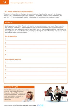 14 Career planning and job-seeking workbook
To find out more, visit our website at www.open.ac.uk/careers
1.1.2	 What are my main achievements?
The activity in this section can help you to recognise skills and qualities that you might not always be
conscious of. It can be a particularly useful approach if you haven’t had much formal experience like
paid work – it’s sometimes easy to assume that skills gained outside work somehow don’t count.
Looking back at your lifeline (Activity 1.1), note the achievements you are most proud of and what they
say about you. Set them out in the table below. They could be work-related or to do with relationships,
things you do in your spare time, recent or a long time ago. For example, passing all your exams first time
may say that you’re an excellent student; passing your driving test on the fifth attempt may say a lot about
your staying power and determination.
My achievements
1
2
3
4
5
What they say about me
1
2
3
4
5
Activity 1.3
Pause for thought
Which of the skills or qualities you’ve listed
could be used in a work situation?
What kind of work? The chances are
that you’ve highlighted ‘transferable
skills’ and qualities that would be
welcome in many kinds of
career role.
 