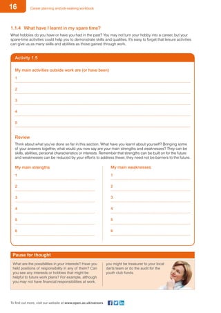 16 Career planning and job-seeking workbook
To find out more, visit our website at www.open.ac.uk/careers
Activity 1.5
My main weaknesses
1
2
3
4
5
6
My main activities outside work are (or have been)
1
2
3
4
5
Review
Think about what you’ve done so far in this section. What have you learnt about yourself? Bringing some
of your answers together, what would you now say are your main strengths and weaknesses? They can be
skills, abilities, personal characteristics or interests. Remember that strengths can be built on for the future
and weaknesses can be reduced by your efforts to address these; they need not be barriers to the future.
My main strengths	
1
2
3
4
5
6
Pause for thought
What are the possibilities in your interests? Have you
held positions of responsibility in any of them? Can
you see any interests or hobbies that might be
helpful to future work plans? For example, although
you may not have financial responsibilities at work,
you might be treasurer to your local
darts team or do the audit for the
youth club funds.
1.1.4	 What have I learnt in my spare time?
What hobbies do you have or have you had in the past? You may not turn your hobby into a career, but your
spare-time activities could help you to demonstrate skills and qualities. lt’s easy to forget that leisure activities
can give us as many skills and abilities as those gained through work.
 