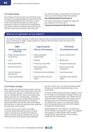44 Career planning and job-seeking workbook
To find out more, visit our website at www.open.ac.uk/careers
What sort of organisation are you suited to?
2.2.3 Internships
As a response to the recession, the UK Government
has been encouraging employers to offer internships
to unemployed graduates. An internship is a time-
limited work experience placement which gives
graduates a chance to enhance their employability
and career prospects. Graduate internships may be
full time or part time and many of them are paid.
You need to consider what type of opportunity might be right for you and think about the pros and
cons of working for an SME, a large company or working in the Third Sector. Here are some of the
differences between them.
SMEs
(Small and medium sized
enterprises)
Large companies
(With over 250 employees)
Third Sector
(Charitable/Not-for-profit)
•	 Fastest growing sector of
UK economy
•	 Easily identifiable
opportunities
•	 Focus on ethical work
•	 Local •	 National •	 Mainly local
•	 Early responsibility •	 Small cog in big wheel •	 No typical working day
•	 No formal induction •	 Structured training
programme
•	 Can be a very small
organisation
•	 Less red tape and
bureaucracy
•	 Formal structures embedded •	 Less bureaucracy
•	 Lower starting salary •	 Perks and higher starting
salary
•	 Typically a lower starting
salary
For more information, and to search for internships
online, go to the Graduate Talent Pool website:
http://graduatetalentpool.direct.gov.uk.
For further information on employment rights and
pay entitlement for interns, go to:
www.gov.uk/employment-rights-for-interns
2.2.4 Career change
Many people successfully change careers and may
do so more than once in their working life. There are
many reasons for doing so, including the fact that
you are unhappy with the work you are doing, have
always wanted to do something else, or feel that
you need to change your work/life balance and are
tired of bringing work home with you, literally or
figuratively. Others feel that they have never fulfilled
their potential, or regret the decisions they made/had
to make early in their careers.
It may be that you are studying as an Open
University student because you plan to change
career, or perhaps your studies have made you
aware of a wider range of interests than you had
before but without any definite career objectives
just yet. In either case, you will be developing skills
through your studies that will benefit you in your
future career.
It’s also possible that external forces suggest it’s time
for a change as the workplace changes, introducing
new roles and shedding older ones. People who are
made redundant may take this as an opportunity to
take some time out and rethink what they want to
do. Whatever the reason, it’s increasingly unlikely
that many people will stay with their first employer
throughout their working lives.
Approximately one in ten people in the UK have a
current intention to change their career. This suggests
that roughly 2.5 million people might consider
changing their career each year. This is likely to
double over the next 20 years.
 