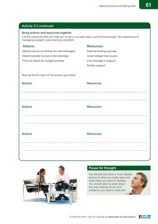61Making decisions and taking action
To find out more, visit our website at www.open.ac.uk/careers
Activity 3.3 continued
Bring actions and resources together
List the resources that can help you to carry out each step. Look at the example. ‘No experience of
managing budgets’ was listed as a problem.
Actions:	 Resources:
	 Attend course on finance for non-managers	 Internal training courses
	 Attend outside course in the evenings	 Local college has course
	 Find out about the budget process	 Line manager’s support
			 Family support
Now do this for each of the actions you listed.
Actions	Resources
	
	
Actions	Resources
	
	
	
Actions	Resources
	
	
Pause for thought
You should now have a much clearer
picture of what you really want and
what ideas you want to develop.
You should also be clear about
the main helping forces and
problems you need to deal with.
 