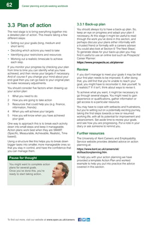62 Career planning and job-seeking workbook
To find out more, visit our website at www.open.ac.uk/careers
3.3	 Plan of action
The next stage is to bring everything together into
a detailed plan of action. This means taking a few
different steps:
•	 Setting out your goals (long, medium and
short term)
•	 Deciding which actions you need to take
•	 Identifying your restrictions and resources
•	 Working out a realistic timescale to achieve
each step.
If you monitor your progress by checking your plan
from time to time you can identify what you have
achieved, and then revise your targets if necessary.
And of course if you change your mind about your
end goal then you can go back to your original plan
to make necessary adjustments.
You should consider five factors when drawing up
your action plan:
1	 What you need to do
2	 How you are going to take action
3	 Resources that could help you (e.g. finance,
information, friends)
4	 When you will achieve your targets
5	 How you will know when you have achieved
your goal.
One way to approach this is to break each activity
down into small steps and keep it manageable.
Action plans work best when they are SMART
(Specific, Measurable, Achievable, Realistic, Time
based).
Using a structure like this helps you to break down
bigger tasks into smaller, more manageable ones so
that you stay in control, and have the confidence that
you can manage them.
You might want to complete action
plans for several goals.
Once you’ve done this, you’re
ready to start taking action.
Pause for thought
3.3.1 Back-up plan
You should always try to have a back-up plan. So,
keep an eye on progress and adapt your plan if
necessary. At this stage it might be useful to read
through the work you’ve done in this section, and
perhaps discuss your plans either informally with
a trusted friend or formally with a careers adviser.
You could also look at Section 6 ‘The Next Steps’.
To generate ideas for your back-up plan you may
find it useful to use an online tool such as Prospects’
Career Planner:
https://www.prospects.ac.uk/planner
Review
If you don’t manage to meet your goals it may be that
your first plan needs to be improved. If, after doing
that, you still find that you’re unable to reach your
goal, you might have to reconsider it. Ask yourself, ‘Is
it realistic?’ If it isn’t, think about ways to revise it.
To achieve what you want, it might be necessary to
go through several stages. You might need to gain
experience or qualifications, gather information or
get access to a particular resource.
You may have to cope with setbacks and frustrations,
but you’re setting out on a potentially exciting journey,
taking the first steps towards a new or resumed
working life, with all its potential for improvement and
advancement. Set aside time to review your goals
and see how you are progressing. Put a note in your
diary or ask someone to remind you.
Further resources
The University of Kent Careers and Employability
Service website provides detailed advice on action
planning at:
https://www.kent.ac.uk/careers/sk/
skillsactionplanning.htm.
To help you with your action planning we have
provided a template Action Plan and worked
example to help you put into practice the advice
covered in this section.
 