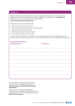 71Getting the job
To find out more, visit our website at www.open.ac.uk/careers
Activity 4.1
Begin by looking at an advert or job description for a position that interests you. If you don’t have
a specific one in mind you might look in a careers publication or website such as www.jobs.ac.uk
Alternatively, look at the job profiles on Prospects website:
https://www.prospects.ac.uk/job-profiles
Whichever way you choose, ask yourself:
•	 Does the work genuinely interest me?
•	 Does it match my personality, values, interests, needs?
•	 What are the key job requirements?
•	 What skills are required to perform them?
•	 Can I produce evidence of these skills?
In the box below, note down in the left-hand column the key characteristics and requirements of your
selected vacancy. In the right-hand column, try to produce evidence of your suitability against each point.
Vacancy/job description: 	
	 Key requirements	 My evidence
	
	
	
	
	
	
	
	
You can also try an activity on the OU careers
website to help you analyse potential jobs at:
http://www2.open.ac.uk/students/help/analyse-
potential-jobs
These kinds of activities are really helpful in
preparing for the completion of application forms or
for producing your CV. You should also take a look at
Section 4.4.6 on page 78.
 