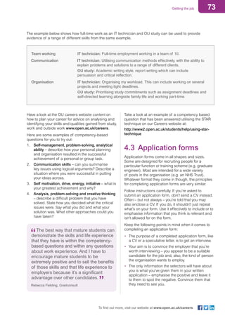 73Getting the job
To find out more, visit our website at www.open.ac.uk/careers
The example below shows how full-time work as an IT technician and OU study can be used to provide
evidence of a range of different skills from the same example.
Team working	 IT technician: Full-time employment working in a team of 10.
Communication	 IT technician: Utilising communication methods effectively, with the ability to
	 explain problems and solutions to a range of different clients.
	 OU study: Academic writing style, report writing which can include 			
	 persuasion and critical reflection.
Organisation	 IT technician: Organising my workload. This can include working on several 	
	 projects and meeting tight deadlines.
	 OU study: Prioritising study commitments such as assignment deadlines and 	
	 self-directed learning alongside family life and working part-time.
Have a look at the OU careers website content on
how to plan your career for advice on analysing and
identifying your skills and qualities gained from study,
work and outside work www.open.ac.uk/careers.
Here are some examples of competency-based
questions for you to try out:
1.	 Self-management, problem-solving, analytical
ability – describe how your personal planning
and organisation resulted in the successful
achievement of a personal or group task.
2.	 Communication skills – can you summarise
key issues using logical arguments? Describe a
situation where you were successful in putting
your ideas across.
3.	 Self motivation, drive, energy, initiative – what is
your greatest achievement and why?
4.	 Analysis, problem-solving and creative thinking
– describe a difficult problem that you have
solved. State how you decided what the critical
issues were. Say what you did and what your
solution was. What other approaches could you
have taken?
The best way that mature students can
demonstrate the skills and life experience
that they have is within the competency-
based questions and within any questions
about work experience. And I have to
encourage mature students to be
extremely positive and to sell the benefits
of those skills and that life experience to
employers because it’s a significant
advantage over other candidates.
Rebecca Fielding, Gradconsult
Take a look at an example of a competency based
question that has been answered utilising the STAR
technique on our Careers website at:
http://www2.open.ac.uk/students/help/using-star-
technique
4.3	 Application forms
Application forms come in all shapes and sizes.
Some are designed for recruiting people for a
particular function or training scheme (e.g. graduate
engineer). Most are intended for a wide variety
of posts in the organisation (e.g. an NHS Trust).
Whatever format they come in though, the principles
for completing application forms are very similar.
Follow instructions carefully. If you’re asked to
submit an application form, don’t send a CV instead.
Often – but not always – you’re told that you may
also enclose a CV. If you do, it shouldn’t just repeat
what’s on your form. Use it effectively to include or to
emphasise information that you think is relevant and
isn’t allowed for on the form.
Keep the following points in mind when it comes to
completing an application form:
•	 The purpose of a completed application form, like
a CV or a speculative letter, is to get an interview.
•	 Your aim is to convince the employer that you’re
worth interviewing – you appear to be a suitable
candidate for the job and, also, the kind of person
the organisation wants to employ.
•	 The only information the selectors will have about
you is what you’ve given them in your written
application – emphasise the positive and leave it
to them to spot the negative. Convince them that
they need to see you.
 