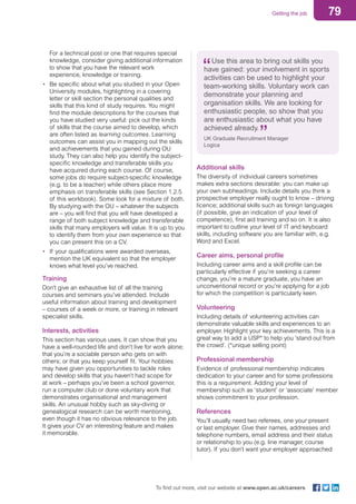 79Getting the job
To find out more, visit our website at www.open.ac.uk/careers
For a technical post or one that requires special
knowledge, consider giving additional information
to show that you have the relevant work
experience, knowledge or training.
•	 Be specific about what you studied in your Open
University modules, highlighting in a covering
letter or skill section the personal qualities and
skills that this kind of study requires. You might
find the module descriptions for the courses that
you have studied very useful: pick out the kinds
of skills that the course aimed to develop, which
are often listed as learning outcomes. Learning
outcomes can assist you in mapping out the skills
and achievements that you gained during OU
study. They can also help you identify the subject-
specific knowledge and transferable skills you
have acquired during each course. Of course,
some jobs do require subject-specific knowledge
(e.g. to be a teacher) while others place more
emphasis on transferable skills (see Section 1.2.5
of this workbook). Some look for a mixture of both.
By studying with the OU – whatever the subjects
are – you will find that you will have developed a
range of both subject knowledge and transferable
skills that many employers will value. It is up to you
to identify them from your own experience so that
you can present this on a CV.
•	 If your qualifications were awarded overseas,
mention the UK equivalent so that the employer
knows what level you’ve reached.
Training
Don’t give an exhaustive list of all the training
courses and seminars you’ve attended. Include
useful information about training and development
– courses of a week or more, or training in relevant
specialist skills.
Interests, activities
This section has various uses. It can show that you
have a well-rounded life and don’t live for work alone;
that you’re a sociable person who gets on with
others; or that you keep yourself fit. Your hobbies
may have given you opportunities to tackle roles
and develop skills that you haven’t had scope for
at work – perhaps you’ve been a school governor,
run a computer club or done voluntary work that
demonstrates organisational and management
skills. An unusual hobby such as sky-diving or
genealogical research can be worth mentioning,
even though it has no obvious relevance to the job.
It gives your CV an interesting feature and makes
it memorable.
Use this area to bring out skills you
have gained: your involvement in sports
activities can be used to highlight your
team-working skills. Voluntary work can
demonstrate your planning and
organisation skills. We are looking for
enthusiastic people, so show that you
are enthusiastic about what you have
achieved already.
UK Graduate Recruitment Manager
Logica
Additional skills
The diversity of individual careers sometimes
makes extra sections desirable: you can make up
your own subheadings. Include details you think a
prospective employer really ought to know – driving
licence; additional skills such as foreign languages
(if possible, give an indication of your level of
competence), first aid training and so on. It is also
important to outline your level of IT and keyboard
skills, including software you are familiar with, e.g.
Word and Excel.
Career aims, personal profile
Including career aims and a skill profile can be
particularly effective if you’re seeking a career
change, you’re a mature graduate, you have an
unconventional record or you’re applying for a job
for which the competition is particularly keen.
Volunteering
Including details of volunteering activities can
demonstrate valuable skills and experiences to an
employer. Highlight your key achievements. This is a
great way to add a USP* to help you ‘stand out from
the crowd’. (*unique selling point)
Professional membership
Evidence of professional membership indicates
dedication to your career and for some professions
this is a requirement. Adding your level of
membership such as ‘student’ or ‘associate’ member
shows commitment to your profession.
References
You’ll usually need two referees, one your present
or last employer. Give their names, addresses and
telephone numbers, email address and their status
or relationship to you (e.g. line manager, course
tutor). If you don’t want your employer approached
 