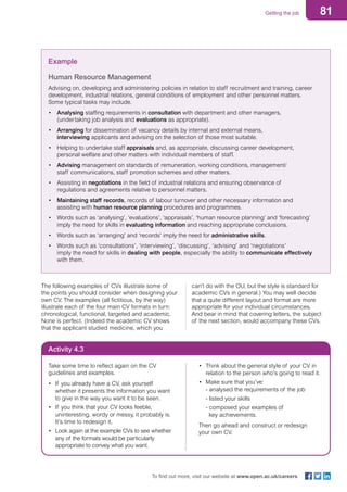 81Getting the job
To find out more, visit our website at www.open.ac.uk/careers
Example
Human Resource Management
Advising on, developing and administering policies in relation to staff recruitment and training, career
development, industrial relations, general conditions of employment and other personnel matters.
Some typical tasks may include.
•	 Analysing staffing requirements in consultation with department and other managers, 			
		 (undertaking job analysis and evaluations as appropriate).
•	 Arranging for dissemination of vacancy details by internal and external means, 				
	 interviewing applicants and advising on the selection of those most suitable.
•	 Helping to undertake staff appraisals and, as appropriate, discussing career development, 		
	 personal welfare and other matters with individual members of staff.
•	 Advising management on standards of remuneration, working conditions, management/			
	 staff communications, staff promotion schemes and other matters.
•	 Assisting in negotiations in the field of industrial relations and ensuring observance of 			
	 regulations and agreements relative to personnel matters.
•	 Maintaining staff records, records of labour turnover and other necessary information and 		
	 assisting with human resource planning procedures and programmes.
•	 Words such as ‘analysing’, ‘evaluations’, ‘appraisals’, ‘human resource planning’ and ‘forecasting’
	 imply the need for skills in evaluating information and reaching appropriate conclusions.
•	 Words such as ‘arranging’ and ‘records’ imply the need for administrative skills.
•	 Words such as ‘consultations’, ‘interviewing’, ‘discussing’, ‘advising’ and ‘negotiations’
	 imply the need for skills in dealing with people, especially the ability to communicate effectively
	 with them.
The following examples of CVs illustrate some of
the points you should consider when designing your
own CV. The examples (all fictitious, by the way)
illustrate each of the four main CV formats in turn:
chronological, functional, targeted and academic.
None is perfect. (Indeed the academic CV shows
that the applicant studied medicine, which you
can’t do with the OU, but the style is standard for
academic CVs in general.) You may well decide
that a quite different layout and format are more
appropriate for your individual circumstances.
And bear in mind that covering letters, the subject
of the next section, would accompany these CVs.
Activity 4.3
Take some time to reflect again on the CV
guidelines and examples.
•	 If you already have a CV, ask yourself
whether it presents the information you want
to give in the way you want it to be seen.
•	 If you think that your CV looks feeble,
uninteresting, wordy or messy, it probably is.
It’s time to redesign it.
•	 Look again at the example CVs to see whether
any of the formats would be particularly
appropriate to convey what you want.
•	 Think about the general style of your CV in
relation to the person who’s going to read it.
•	 Make sure that you’ve:
		 - analysed the requirements of the job
		 - listed your skills
		 - composed your examples of
key achievements.
Then go ahead and construct or redesign
your own CV.
 