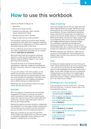 9How to use this workbook
To find out more, visit our website at www.open.ac.uk/careers
How to use this workbook
Use this workbook to help you to:
•	 Take stock
•	 Review your career and life
•	 Evaluate your aptitudes, skills, interests,
values and personal needs
•	 Decide what you want to achieve
•	 Begin to plan how you might achieve it.
The workbook outlines the practical steps needed
for looking for a job, planning a strategy, completing
application forms, designing a curriculum vitae (CV)
and presenting yourself at interviews.
This is a reference source that can stand on its own,
but it also complements information on our careers
website: www.open.ac.uk/careers
We recommend working through the workbook
sections in order, but you might want to dip into
different areas at different stages of your career
planning and job seeking.
This book focuses on you because although
organisations, agencies, people and materials are
all useful resources, they can’t make things happen
for you.
It is you who will be in the work situation, so the
clearer you are about your own characteristics,
the more precisely you can specify what you want
and communicate it to employers. This book invites
you to recognise your own qualities and abilities,
and to define what you’re really looking for.
Remember, the most important influence on your
career and life planning is you.
Activities
We encourage you to take time over the activities
suggested in this book, so that you can build a
sound foundation for later steps in reviewing your
career. You may find some of them particularly time
consuming, and you might well need to return to
them as your ideas develop.
Working through the activities should be challenging
but rewarding. The more open-minded, positive and
constructive you are, and the more time and effort
you put into them, the more productive they’ll be.
Keep your activities as you work through them.
They’re likely to be helpful when you reach the stage
of completing application forms, putting your CV
together or preparing for an interview.
Ways of working
Give some thought now to how you might work with
these materials before you begin. Working through
the activities at your own pace gives you scope for
quiet reflection, but you could become distracted
by the mechanics of the process. You might find it
useful to link up with another person or a small group.
Working with others can give you ideas, support and
encouragement; they can act as a sounding board
and suggest different ways of looking at things.
You could take a relatively informal approach,
working with a partner or friend, or set up a more
formal relationship, with a careers adviser or perhaps
through your appraiser at work or your line manager.
Whatever approach you decide on, make sure it’s
one you’re comfortable with. You’ll certainly find it
helpful to get comments and opinions from people
who know you well.
Time
It’s difficult to foresee exactly how much time you’ll
need. Career planning has to be a recurring process
– you can’t do it once and for all, then settle back
secure in the knowledge that you won’t have to do it
again. As we make changes and as circumstances
change around us, the basis of our original plans
inevitably shifts. To begin with, you might prefer to
tackle the process in stages, perhaps when you’re
not in the midst of your studies.
Challenges you may be facing
If you recognise concerns of your own – you may
find more than one – in this list, make a note of the
recommended sections:
•	 I don’t know where to begin.
Look particularly at Section 1.
•	 Will my age be a problem in changing career?
Look at Sections 2, 4 and 5.
•	 How should I update my CV?
Look at Section 4.
•	 I know what I want to do but don’t know how to
achieve it.
Look at Sections 2, 3, 4 and 6.
•	 How should I use the internet in looking for jobs?
Look at Section 2.
•	 I need to find a job in a particular
geographical area.
Look at Section 2.
 