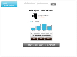 Log in if you already have a Career Profile
jungle                                                                                    Login
CAREER PROFILE

                             What’s your Career Profile?

                                                       Your Current Profile:
                                                       The Climber



                                    You           Average




                                     Social           Work           Salary    Employer


                                          Improve Your Matching Quality
                                     If you were an animal, which would you be?


                                          Tiger              Sloth            Snake




                           Sign up and see your matches!
 