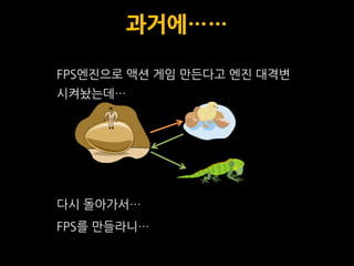 과거에……

FPS엔짂으로 액션 게임 맊듞다고 엔짂 대격변
시켜놨는데…




다시 돌아가서…
FPS를 맊들라니…
 