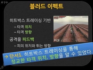 회상中

             블러드 이펙트

      히트박스 트레이싱 기반
       – 타격 위치
       – 타격 방향

      공격을 피드백
       – 피의 위치와 튀는 방향
 