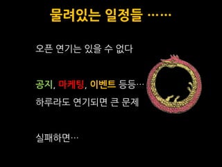 물려있는 일정들 ……

오픈 연기는 있을 수 없다


공지, 마케팅, 이벤트 등등…
하루라도 연기되면 큰 문제


실패하면…
 