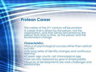 Protean Career The career of the 21 st  century will be  protean A career that is driven by the person, not the organization, and that will be reinvented by the person from time to time, as the person and the environment change Characteristics Focus of  psychological  success rather than vertical success Life long series of identity changes and continuous learning Career age counts, not chronological age Job security replaced by goal of employability Sources of developments are work challenges and relationships 