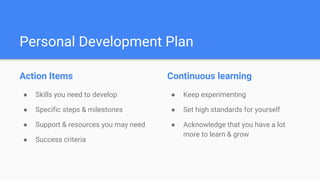 Personal Development Plan
Action Items
● Skills you need to develop
● Specific steps & milestones
● Support & resources you may need
● Success criteria
Continuous learning
● Keep experimenting
● Set high standards for yourself
● Acknowledge that you have a lot
more to learn & grow
 