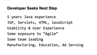 Developer Seeks Next Step
5 years Java experience
JSP, Servlets, HTML, JavaScript
Usability & User Experience
Some exposure to “Agile”
Some team leading
Manufacturing, Education, Ad Serving
 