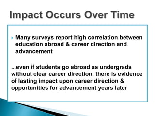  Many surveys report high correlation between 
education abroad & career direction and 
advancement 
...even if students go abroad as undergrads 
without clear career direction, there is evidence 
of lasting impact upon career direction & 
opportunities for advancement years later 
 
