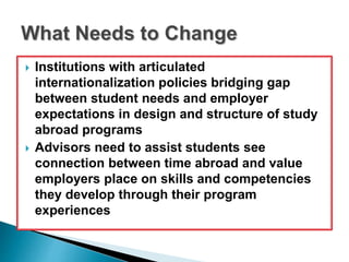  Institutions with articulated 
internationalization policies bridging gap 
between student needs and employer 
expectations in design and structure of study 
abroad programs 
 Advisors need to assist students see 
connection between time abroad and value 
employers place on skills and competencies 
they develop through their program 
experiences 
 