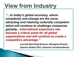 “…In today’s global economy, where 
complexity and change are the norm, 
attracting and retaining culturally competent 
talent will continue to challenge companies 
globally…International experience has 
become a critical asset for all global 
organizations and will continue to create a 
competitive advantage.” 
Laurette Bennhold-Samaan, Managing Director 
Aperian Global (2011, personal correspondence) 
 