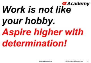 (C) 2016 Alpha & Company, Inc.Strictly Confidential 15
Work is not like
your hobby.
Aspire higher with
determination!
 