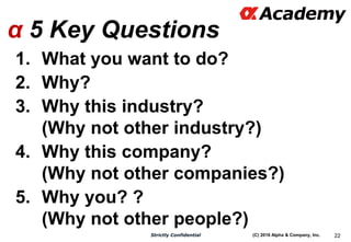 (C) 2016 Alpha & Company, Inc.Strictly Confidential 22
α 5 Key Questions
1. What you want to do?
2. Why?
3. Why this indus...