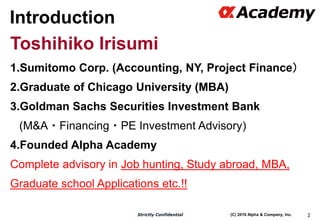 (C) 2016 Alpha & Company, Inc.Strictly Confidential 2
Introduction
Toshihiko Irisumi
1.Sumitomo Corp. (Accounting, NY, Pro...