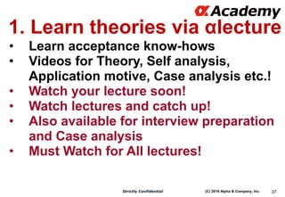 (C) 2016 Alpha & Company, Inc.Strictly Confidential 37
1. Learn theories via αlecture
• Learn acceptance know-hows
• Video...
