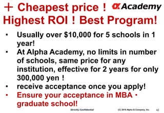 (C) 2016 Alpha & Company, Inc.Strictly Confidential 42
＋ Cheapest price！
Highest ROI！Best Program!
• Usually over $10,000 ...