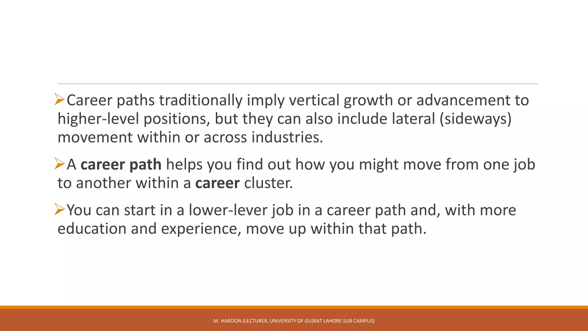 Career paths traditionally imply vertical growth or advancement to
higher-level positions, but they can also include lateral (sideways)
movement within or across industries.
A career path helps you find out how you might move from one job
to another within a career cluster.
You can start in a lower-lever job in a career path and, with more
education and experience, move up within that path.
M. HAROON (LECTURER, UNIVERSITY OF GUJRAT LAHORE SUB CAMPUS)
 