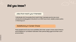 SLIDESMANIA.COM
Did you know?
Jobs that match your Interests
Most people tend to be more satisfied with their career choice when there is
some degree or correlation between their personality type and their work
environment
Satisfactory in Career Choice
Individuals who have jobs that match their interests tend to be more
productive employees in the short run AND have more stable career paths
in the long run
 