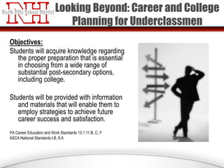 Looking Beyond: Career and College
Planning for Underclassmen
Objectives:
Students will acquire knowledge regarding
the proper preparation that is essential
in choosing from a wide range of
substantial post-secondary options,
including college.
Students will be provided with information
and materials that will enable them to
employ strategies to achieve future
career success and satisfaction.
PA Career Education and Work Standards 13.1.11.B, C, F
ASCA National Standards I.B, II.A
 