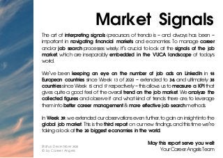 Market Signals
The art of interpreting signals (precursors of trends) is – and always has been –
important in navigating financial markets and economies. To manage career
and/or job search processes wisely, it’s crucial to look at the signals of the job
market, which are inseparably embedded in the VUCA landscape of today's
world.
We’ve been keeping an eye on the number of job ads on LinkedIn in 18
European countries since Week 13 of 2020 – extended to 36, and ultimately 38
countries since Week 15 and 17 respectively – this allows us to measure a KPI that
gives quite a good feel of the overall trend on the job market. We analyze the
collected figures and observe if and what kind of trends there are, to leverage
them into better career management & more effective job search methods.
In Week 39, we extended our observations even further, to gain an insight into the
global job market. This is the third report on our new findings, and this time we’re
taking a look at the 20 biggest economies in the world.
May this report serve you well!
Your Career Angels Team
Status: December 2020
© by Career Angels
 