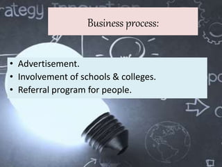 Business process:
• Advertisement.
• Involvement of schools & colleges.
• Referral program for people.
 