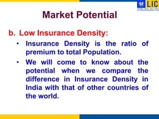Market Potential
b. Low Insurance Density:
 • Insurance Density is the ratio of
   premium to total Population.
 • We will come to know about the
   potential when we compare the
   difference in Insurance Density in
   India with that of other countries of
   the world.
 